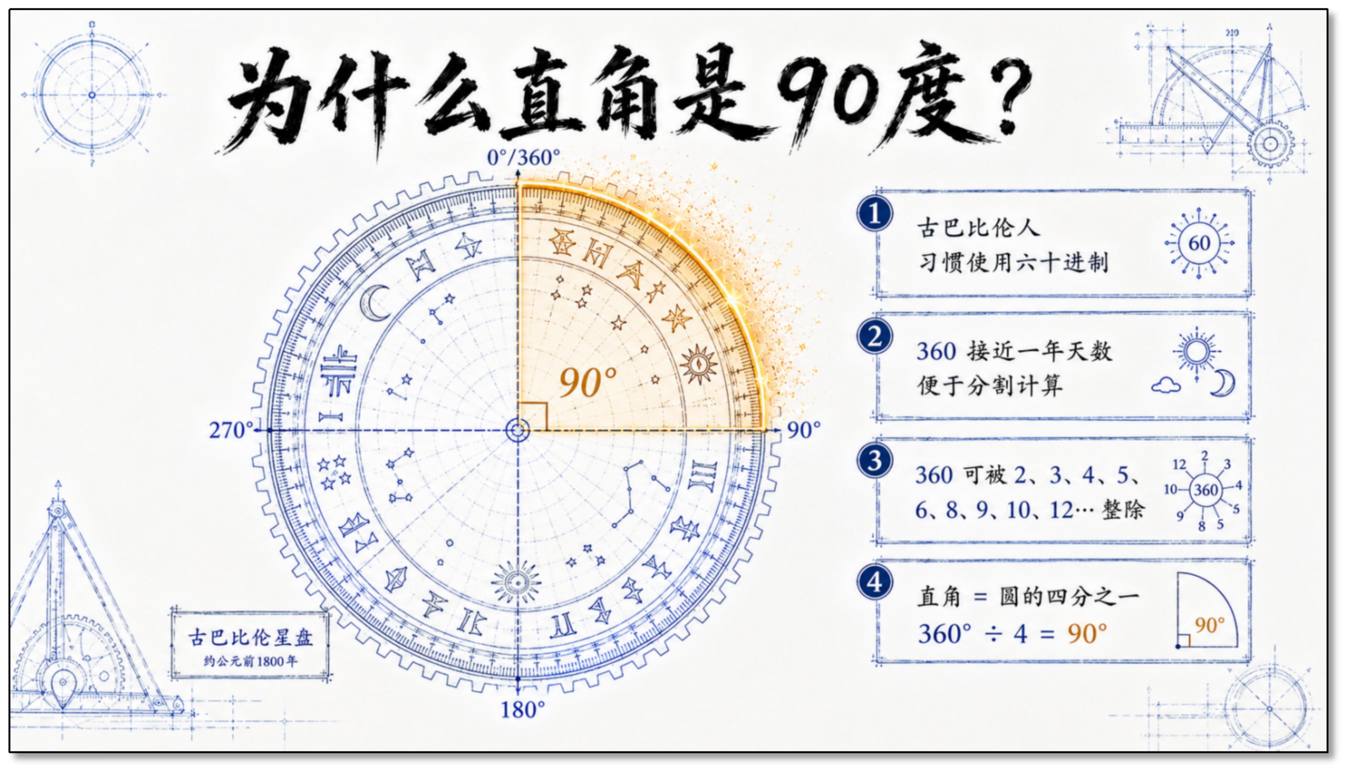 为什么直角是90度——古巴比伦星盘与四点理由：六十进制、360接近一年天数、360可被多数整除、直角=圆的四分之一